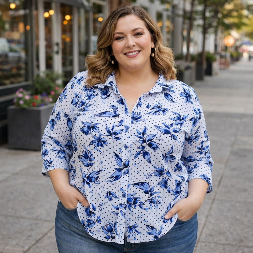Alia 100% Cotton Blue Floral Button-Up Blouse 3/4 Sleeve Polka Dot Print
